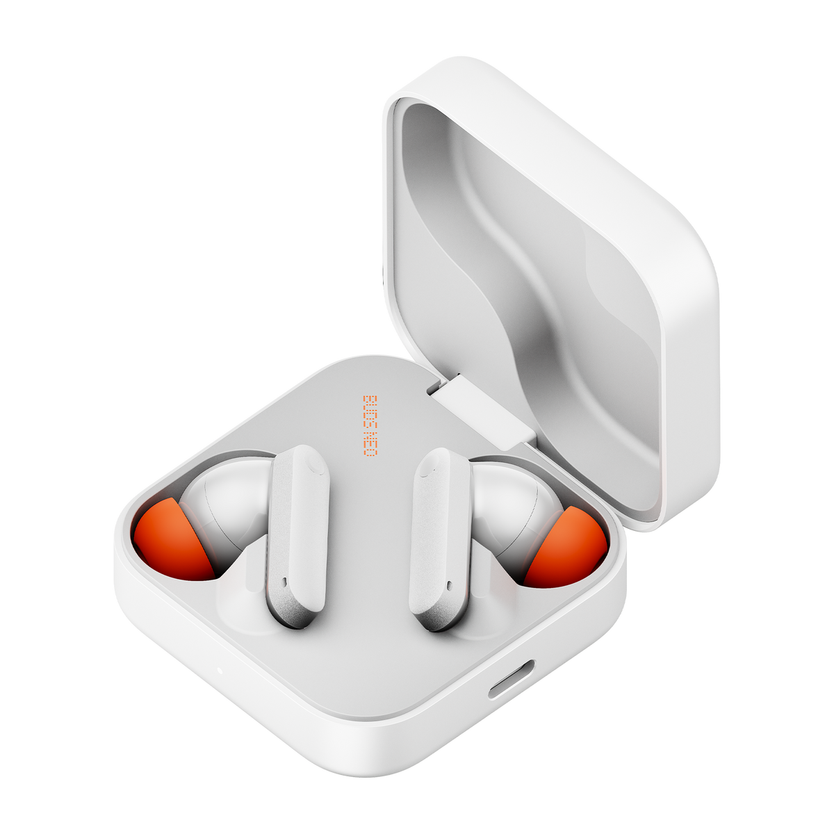 CMF Buds Neo in White — open charging case with earbuds, product only