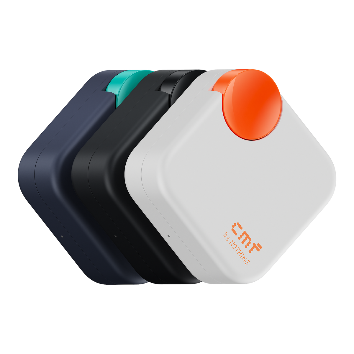 CMF Buds Neo — three contrasting charging cases arranged in a row, product only