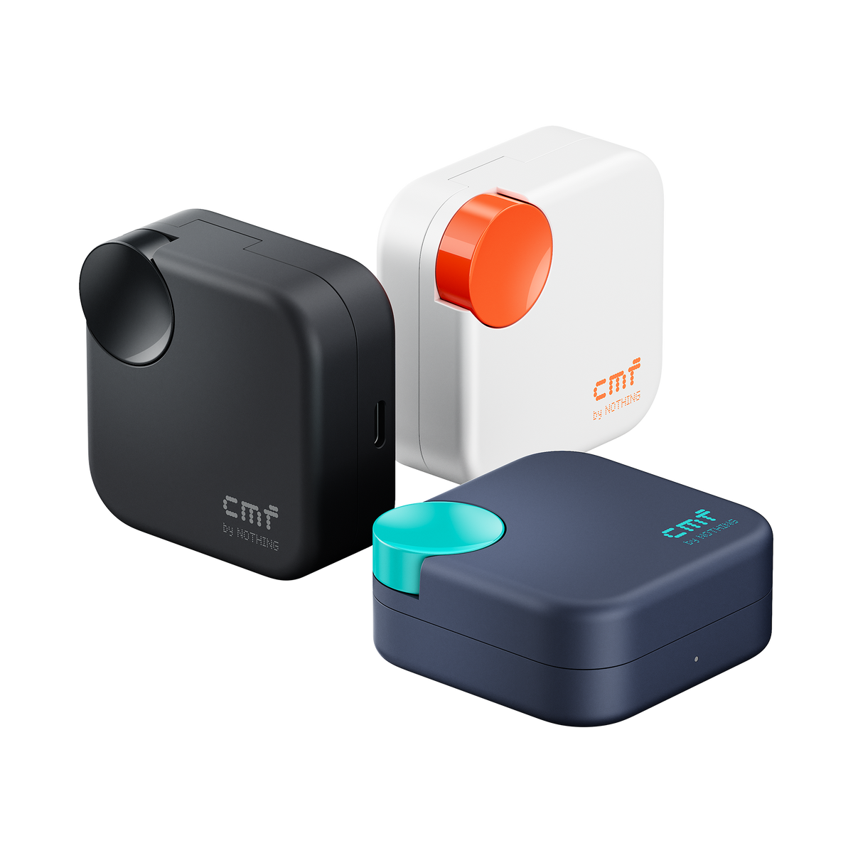 CMF Buds Neo — three charging cases arranged upright and flat, product only