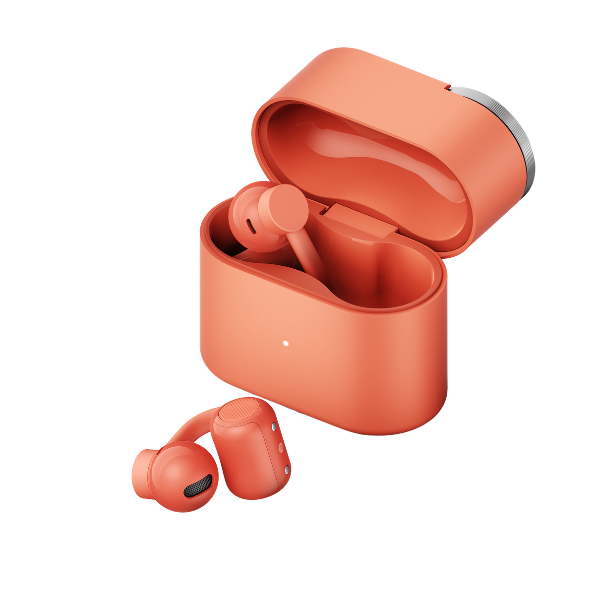 CMF Clip Pro in Coral — angled open charging case and separate earbud, product only