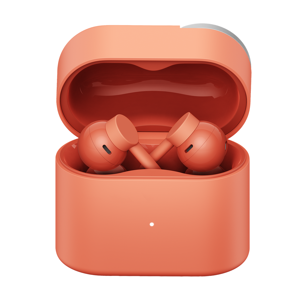 CMF Clip Pro in Coral — open charging case, front view, product only