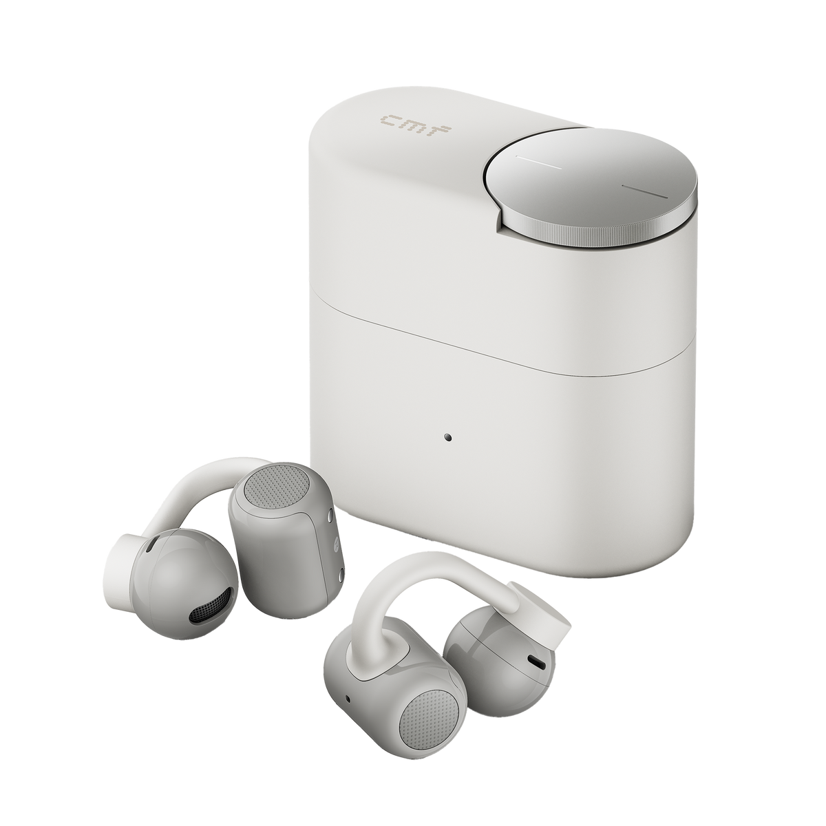 CMF Clip Pro in Light Grey — closed charging case and two earbuds, product only
