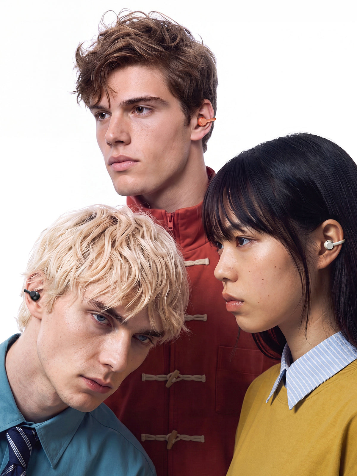 Three people grouped together wearing Coral, Dark Grey and Light Grey clip earbuds
