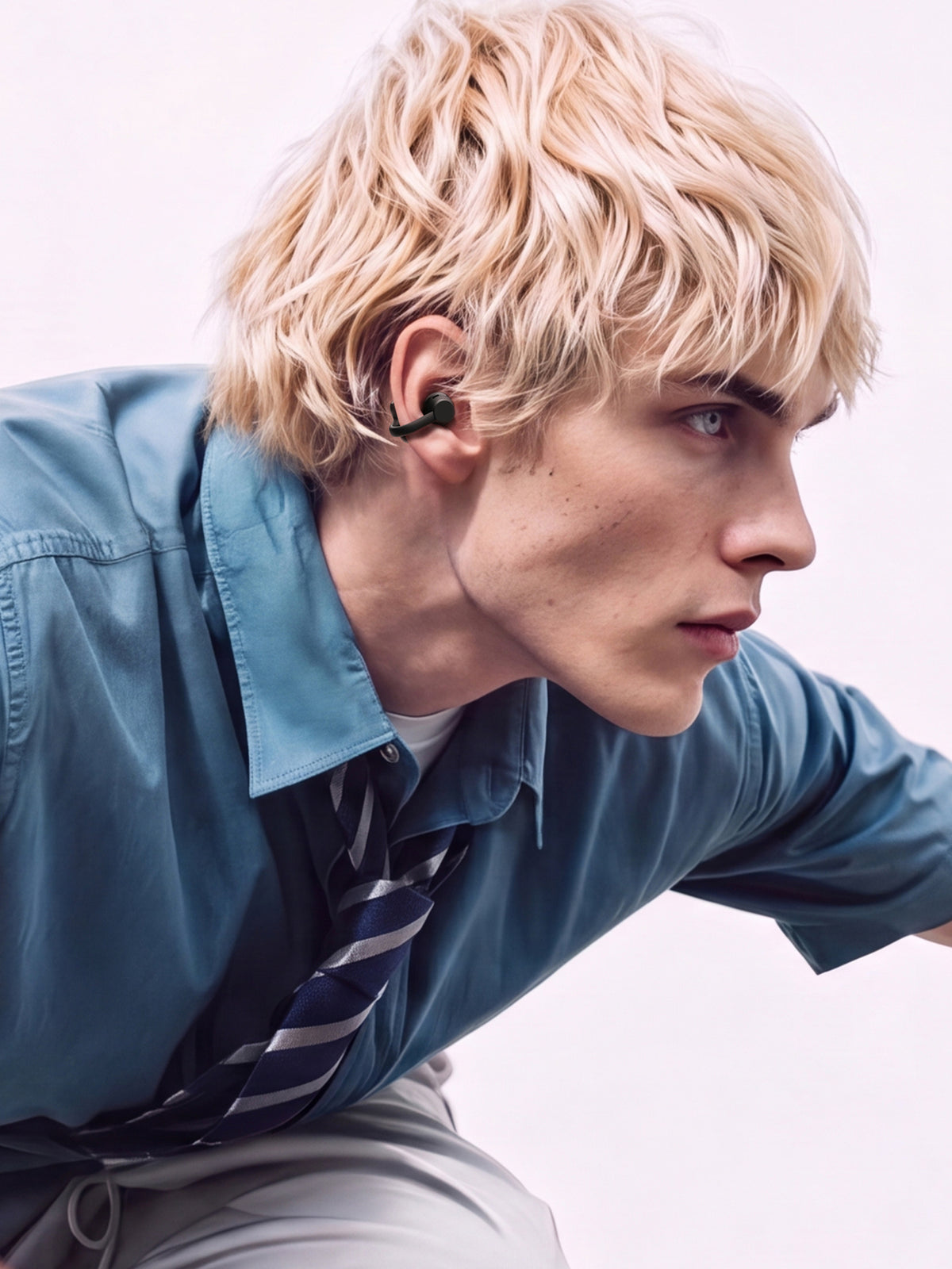 A blond man leaning forward in a blue shirt wearing a dark clip earbud