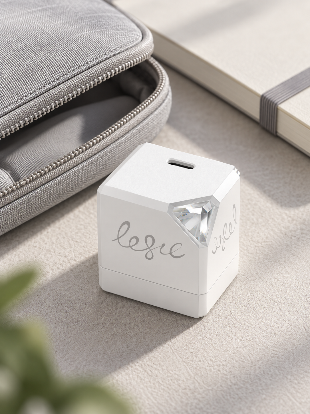 Reference-based travel-pouch scene with the white ACADEMY charger and its plug folded for carrying.