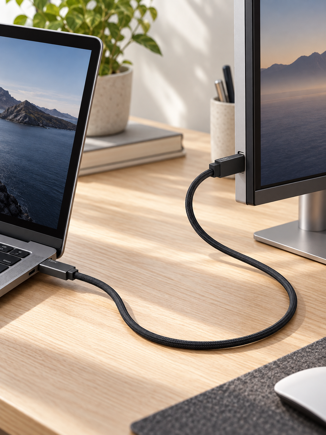 Illustration of a TEGIC Arch cable connecting a laptop and USB-C monitor on a wooden desk.