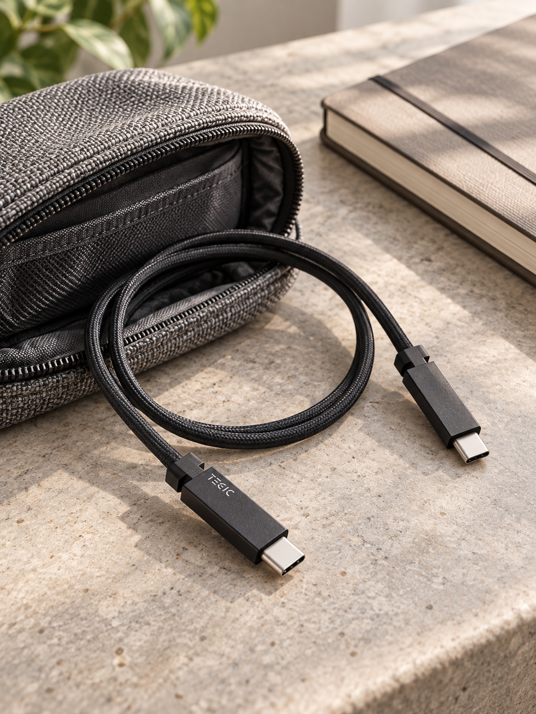 Illustration of a coiled TEGIC Arch cable beside an open grey tech pouch.