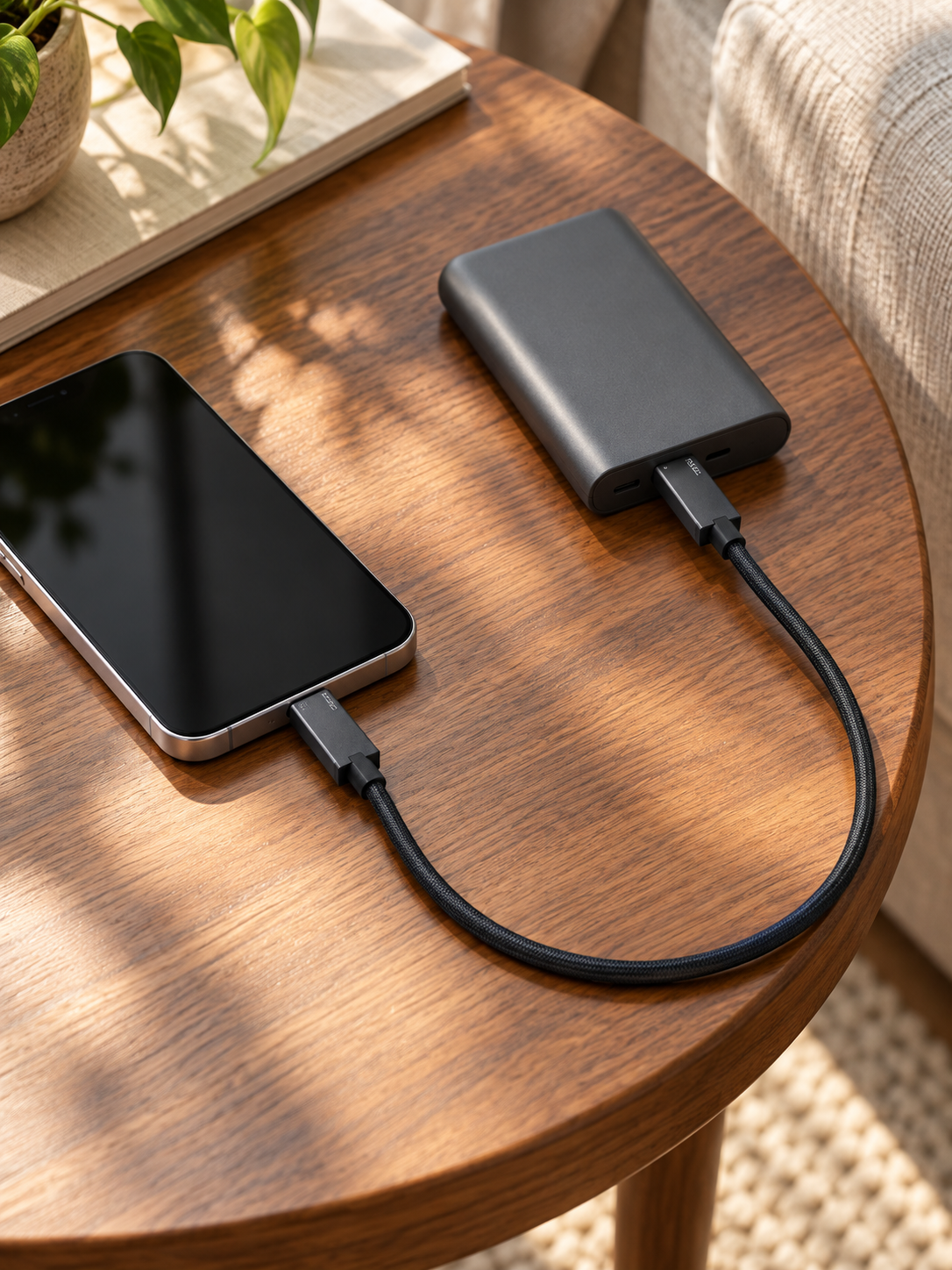 Illustration of a TEGIC Arch cable connecting a USB-C phone and power bank.