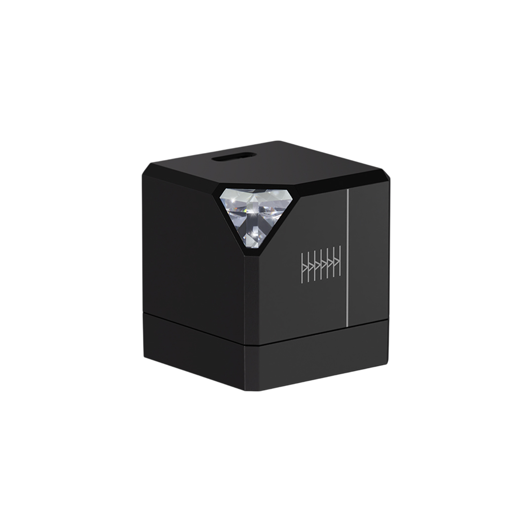 TEGIC Crystal 35 charger in black with silver linework and a clear faceted corner.