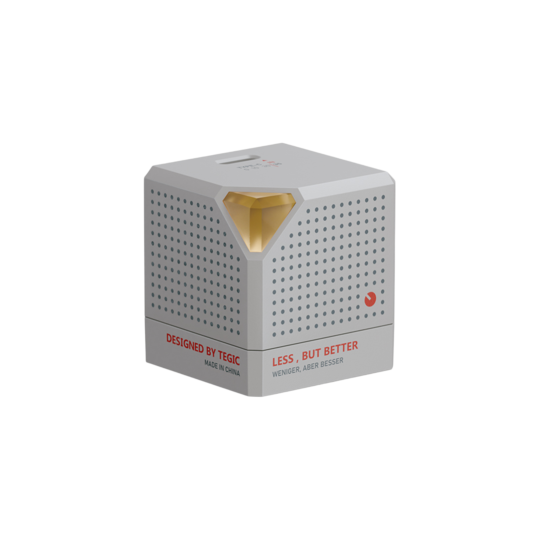 TEGIC Crystal 35 charger in grey with red graphics and a yellow faceted corner.