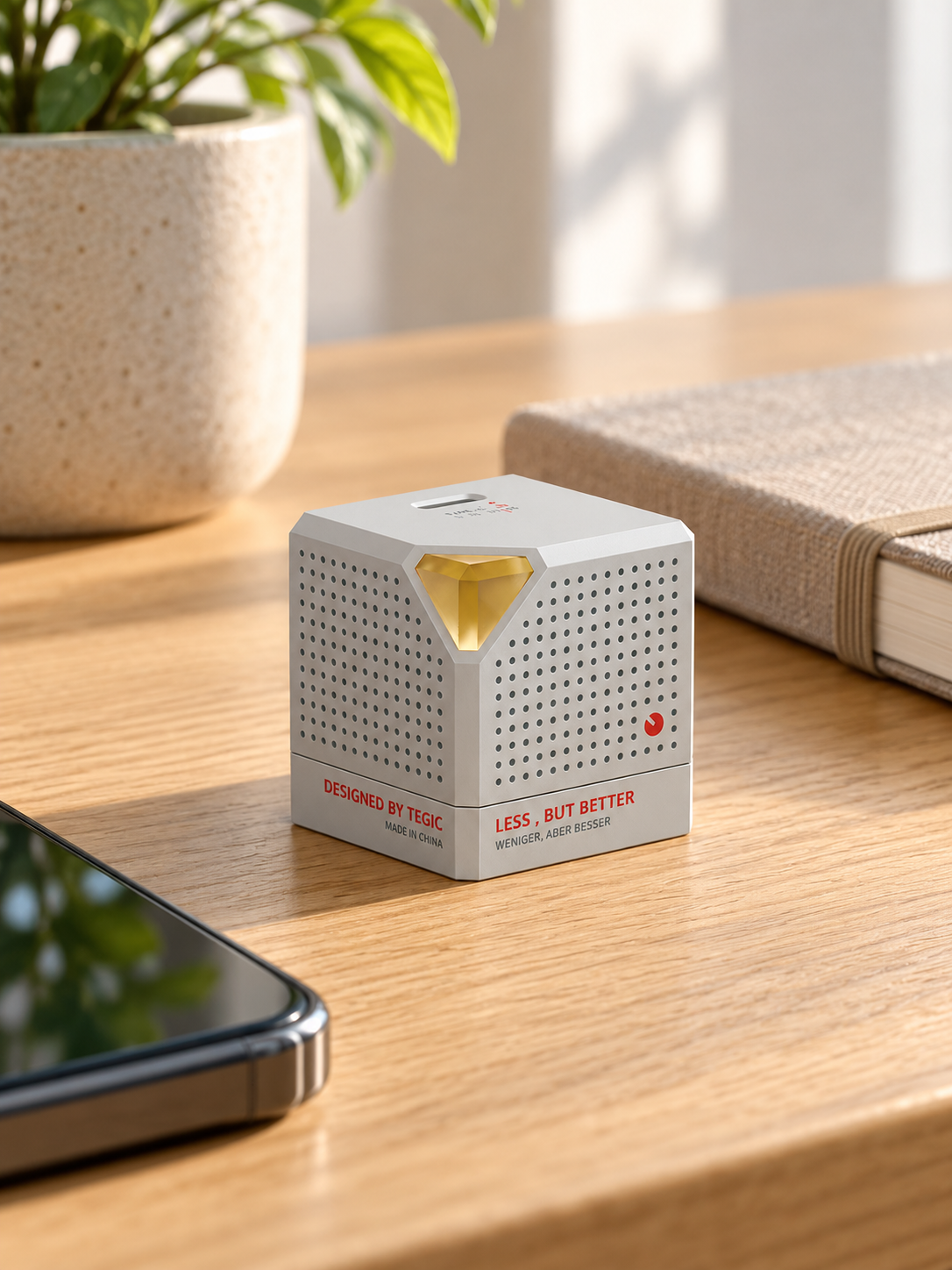 Illustration of a grey TEGIC Crystal 35 charger on a writing desk beside a notebook and phone.