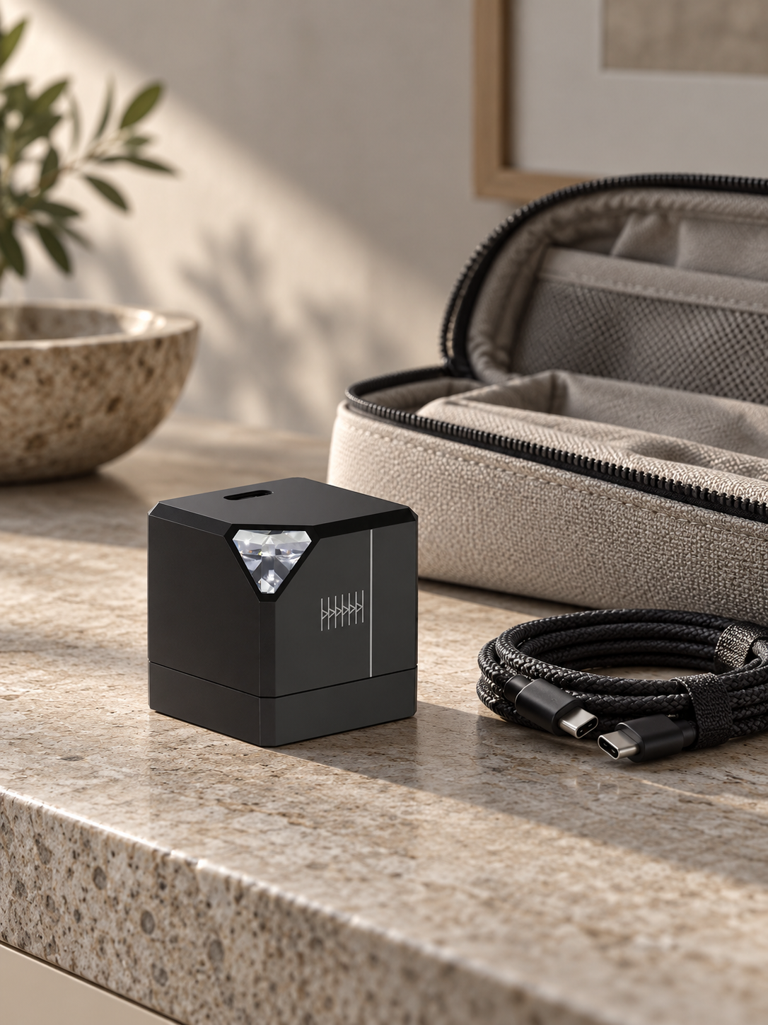 Illustration of a black TEGIC Crystal 35 charger beside a fabric tech pouch and coiled USB-C cable.
