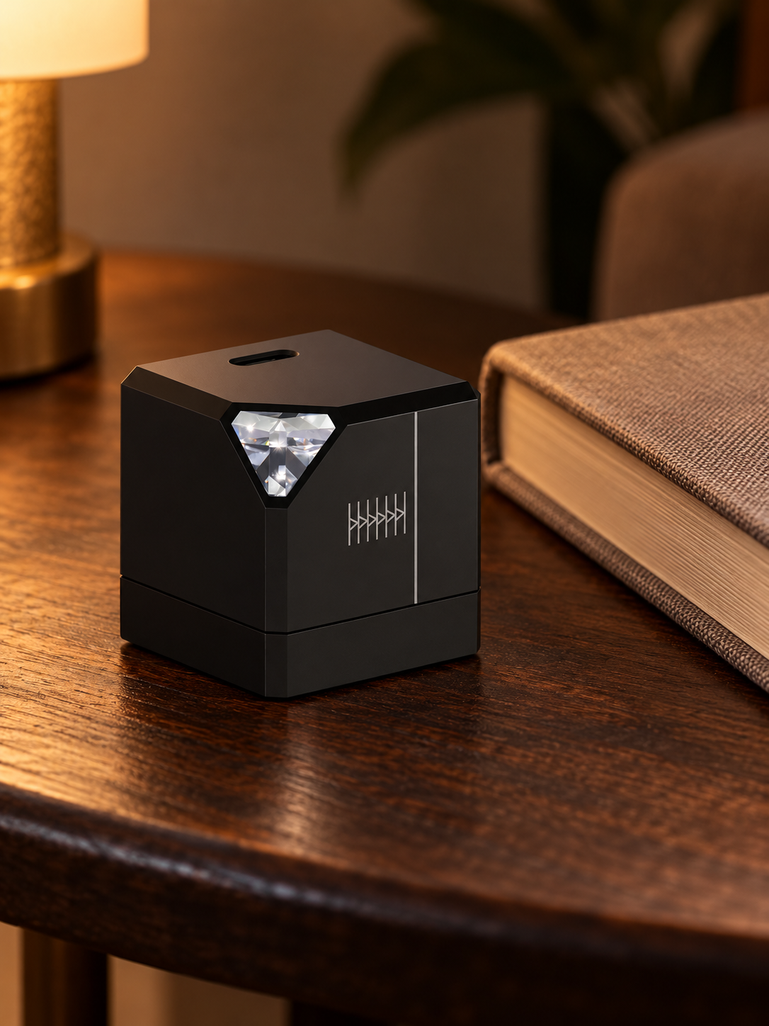 Illustration of a black TEGIC Crystal 35 charger on a wooden side table beside a book.