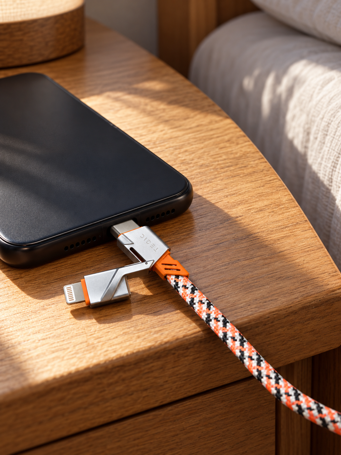 Orange ONIX cable connected to a phone on an oak bedside table.