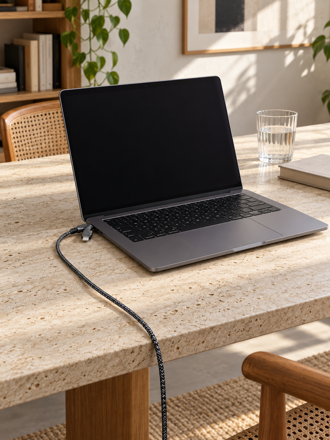 Black ONIX cable at a sunlit laptop workspace on a stone table.