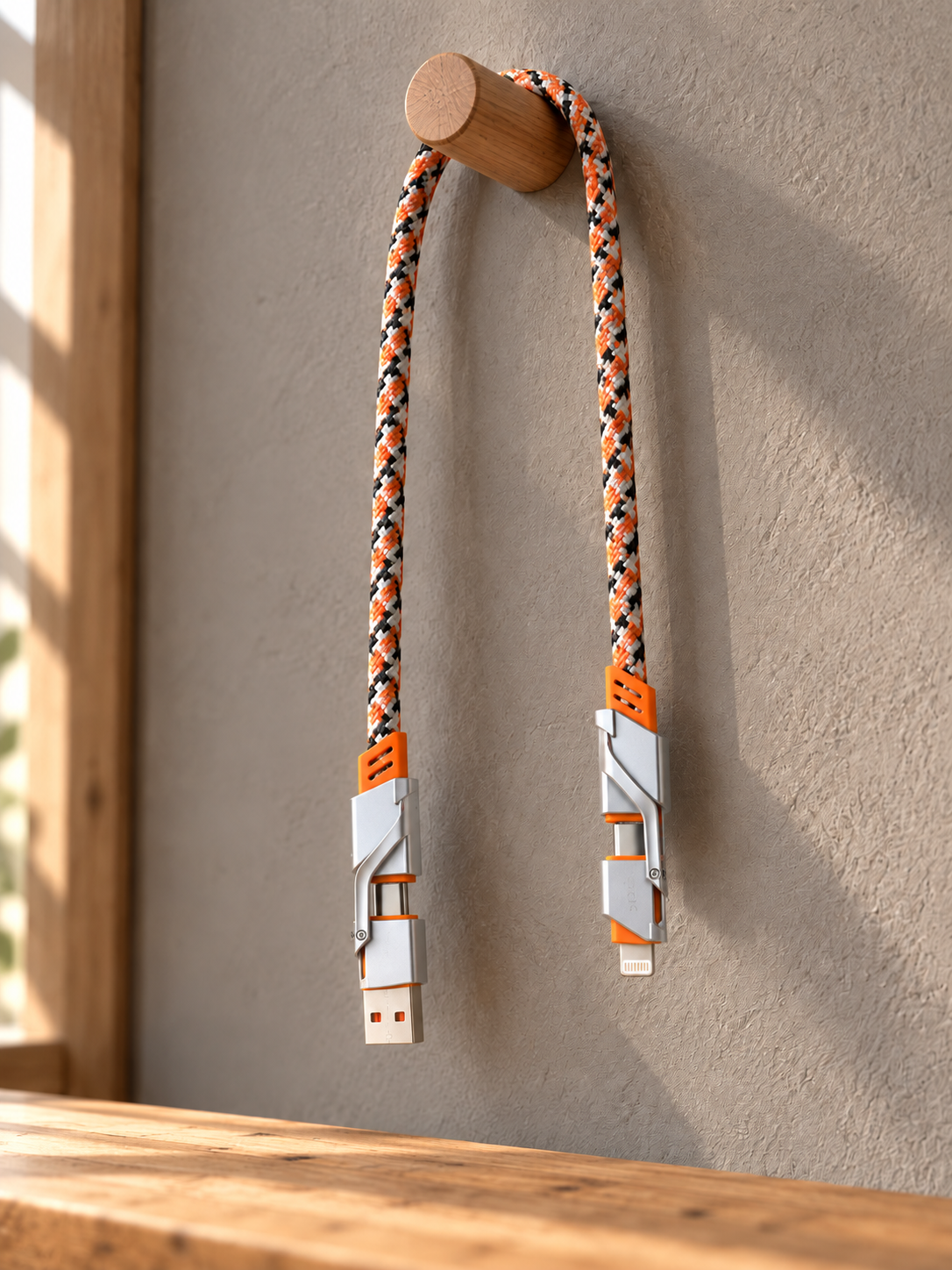 Orange ONIX cable draped over a wooden peg above a workbench.