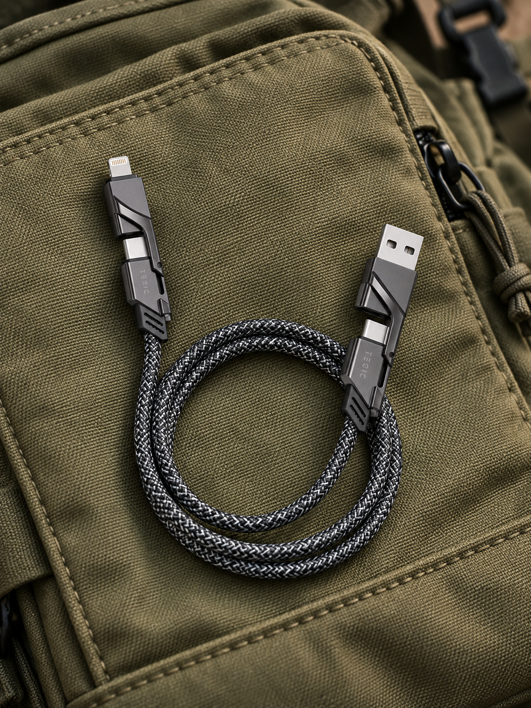 Black TEGIC ONIX cable loosely coiled on a canvas backpack pocket