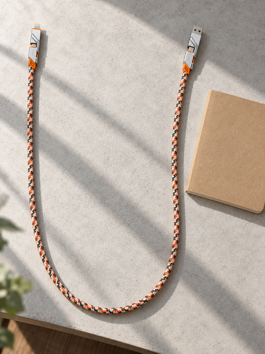 Orange TEGIC ONIX cable in a long relaxed curve beside a closed notebook