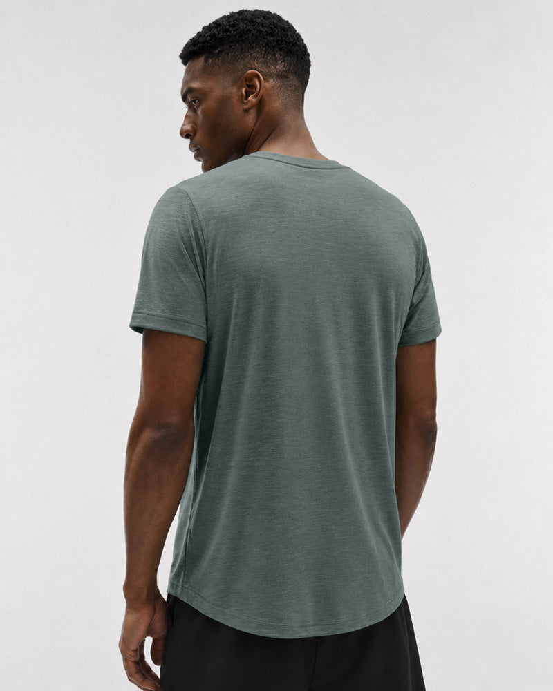 Rear view of the Bamboo green Henley, showing its fabric texture and curved hem.