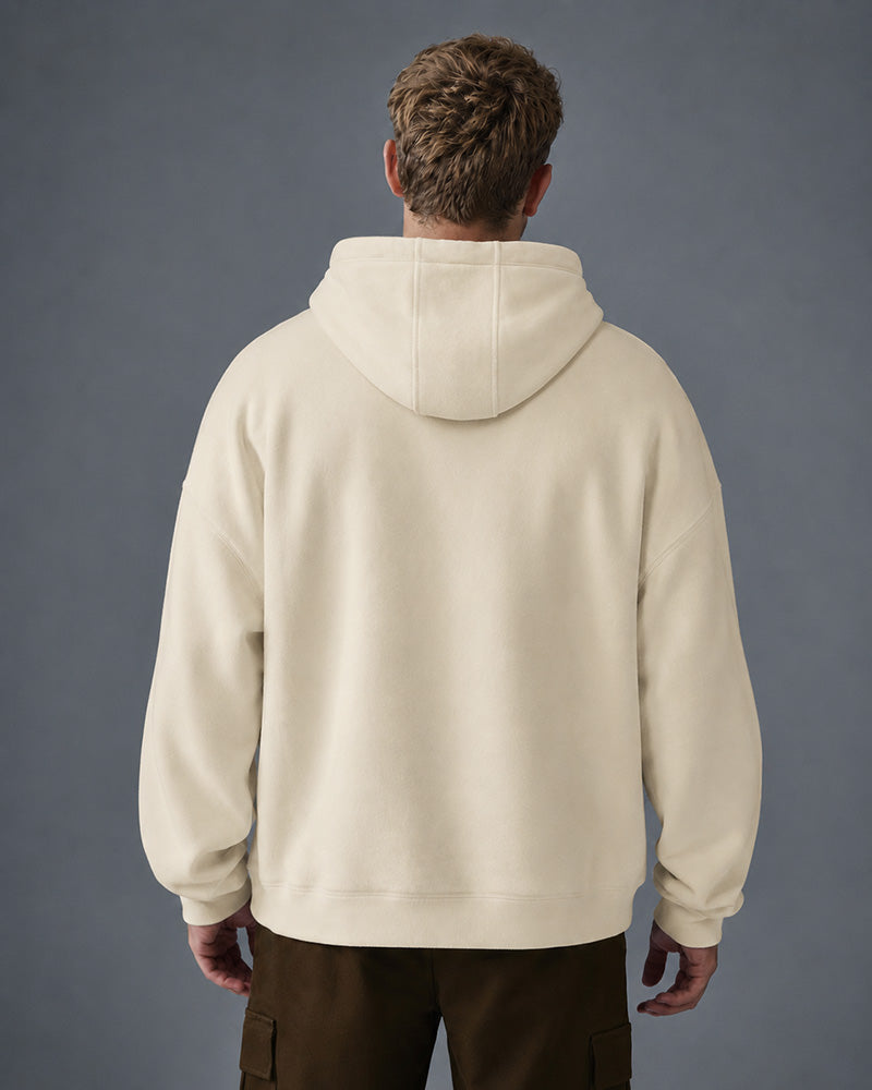 Back view of the TexTale hoodie in Butter showing the hood