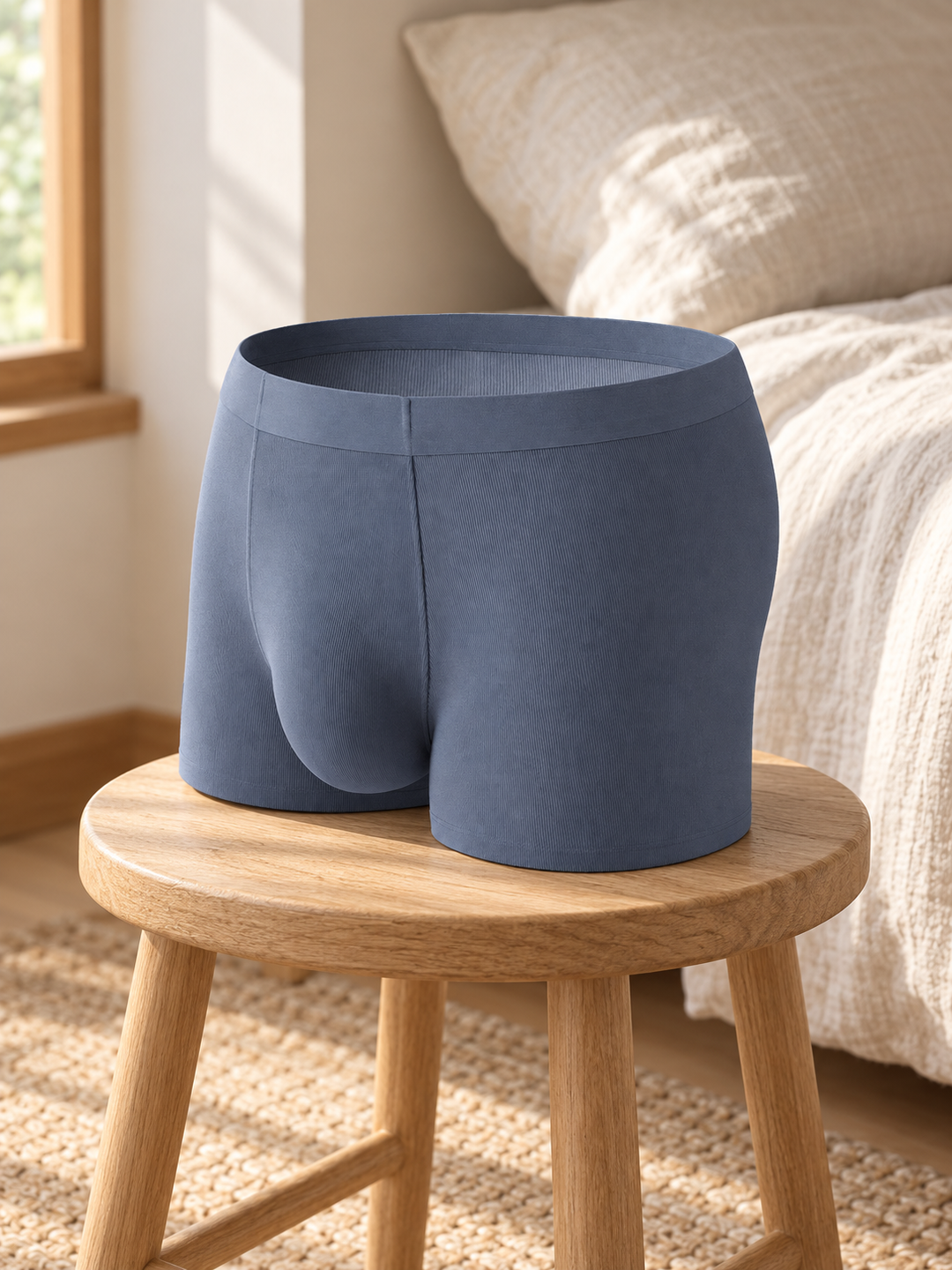 A blue-grey Airy Trunk on a wooden stool beside a linen-covered bed