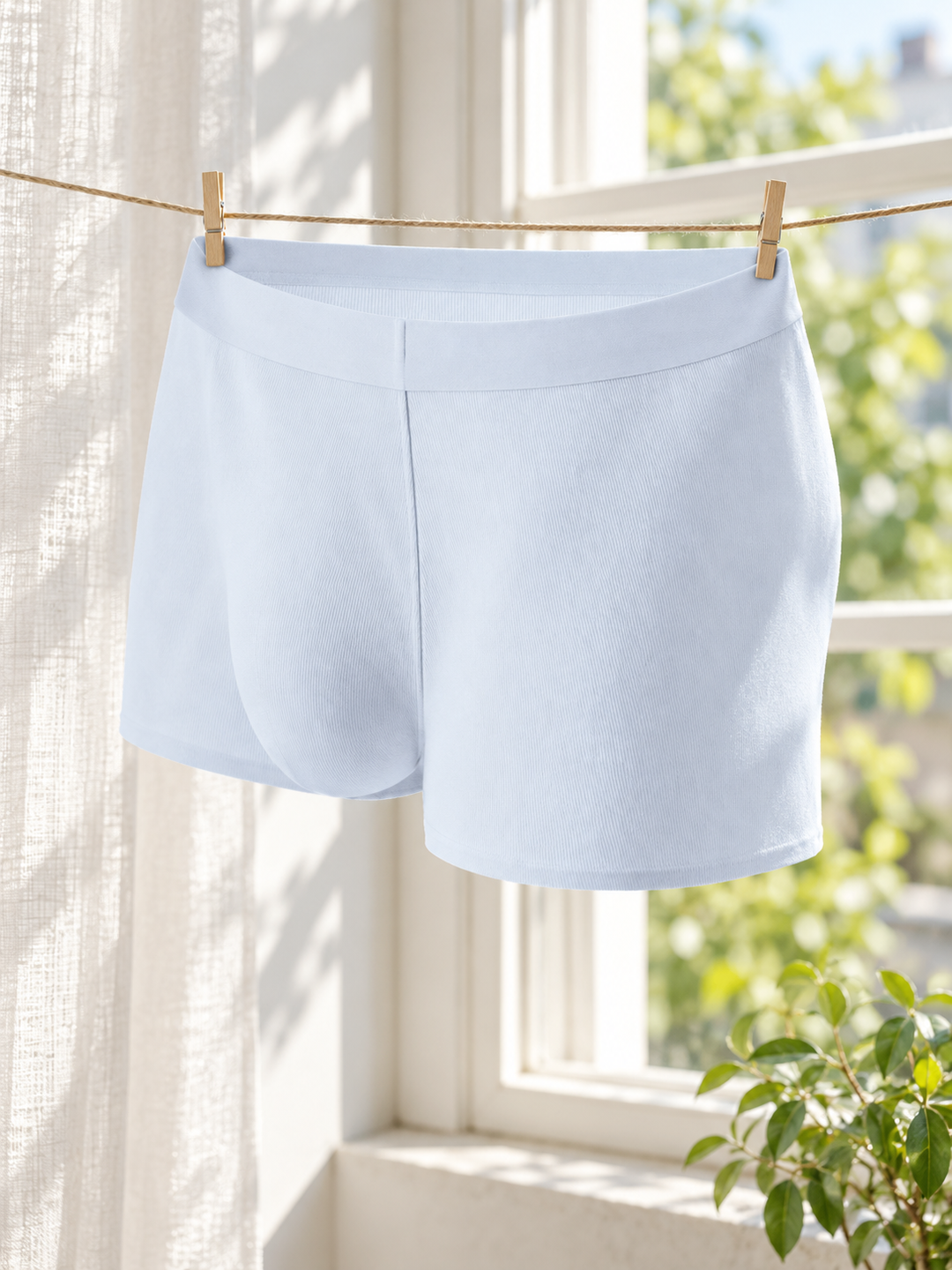 A light Airy Trunk hanging by a bright laundry window