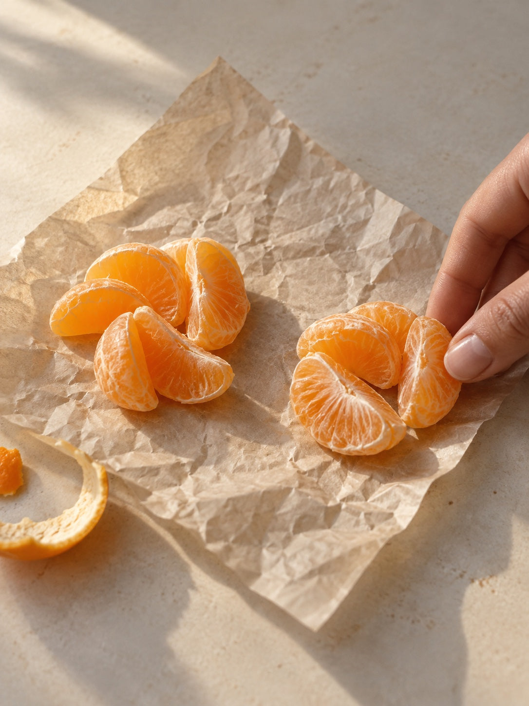 a clementine divided into two portions to share