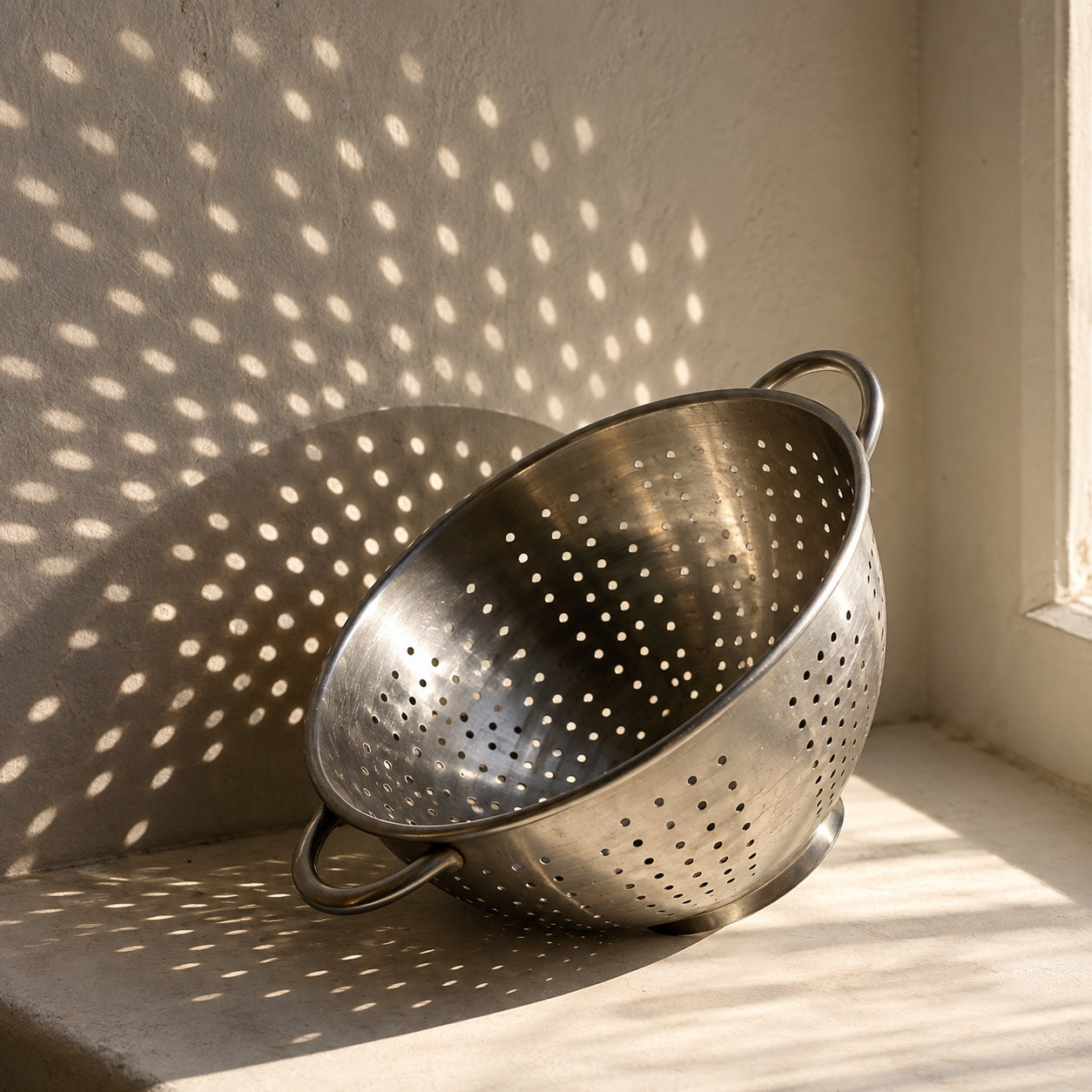 sunlight passing through an everyday steel colander, scattering a pattern of light across the wall